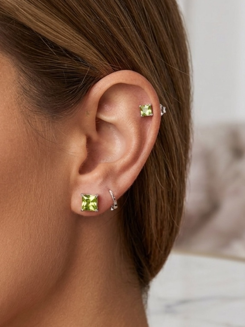 Square Peridot Stud Earrings - Green Sterling Silver
